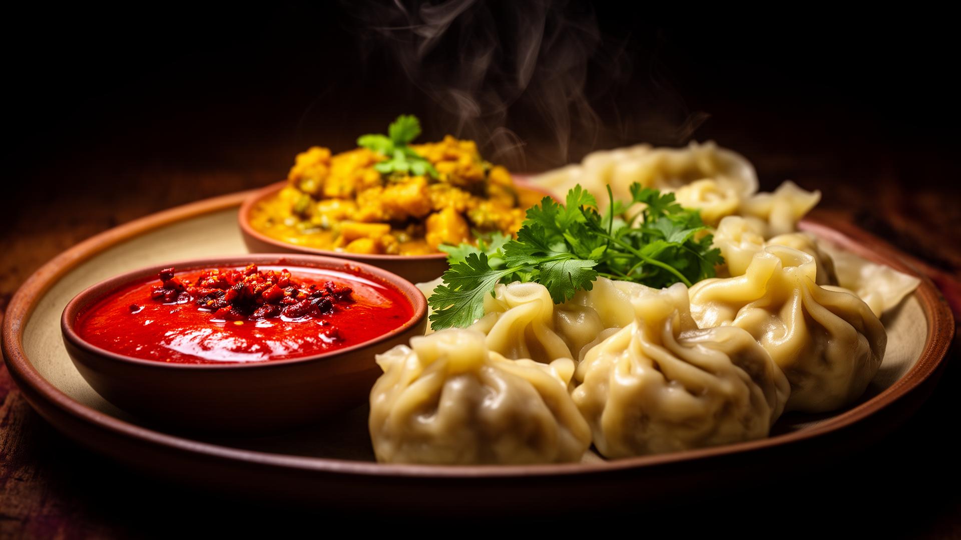 Steaming Nepali momos with achar